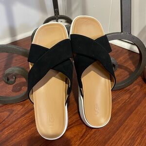 UGG Women's Black and Tan Cross Strap Sandals